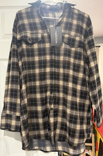 PrettyLittleThing Oversized Black/Beige Plaid Button-Up Shirt, Size S/US2/ UK6 