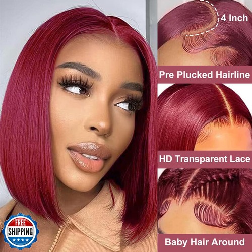 RMOARIWR 99j Burgundy Bob Perücke Echthaar 180% Dichte 13x4 HD Transparent Lac - Bild 2 von 5