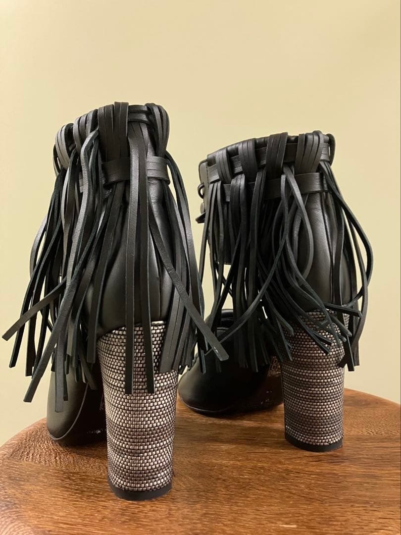 DIESEL BLACK GOLD Black Leather Fringe Chunky Heel Boots Sandals Size 37 Japan thumbnail 7