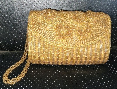 Bijoux Terner Gold Beaded Metallic Floral Shoulder Bag Gold Chain Strap Snap