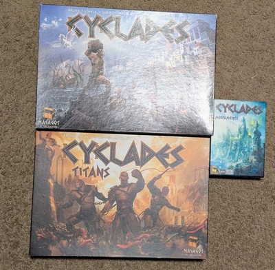 Cyclades  Base + Hades (one box) + Titans (unpunched) + Monuments -- COMPLETE