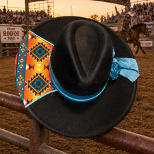 Black Western Cowboy Hat with Turquoise Ribbon Bow  Patterned Brim Band