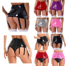 Women Wetlook Patent Leather Mini Skirt Suspender Belt  Six Metal Clip Clubwear