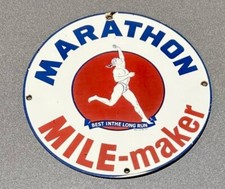 VINTAGE 12” MARATHON PORCELAIN SIGN CAR GAS OIL TRUCK GASOLINE AUTO MOTORCYCLE