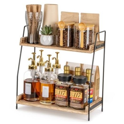 Countertop Coffee Station Organizer, 2 Tier Wooden Shelf for Coffee Bar Brown