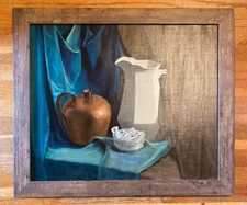 Vintage Original Oil Canvas Still Life Blue Velvet Excellent - Barbara Ellis