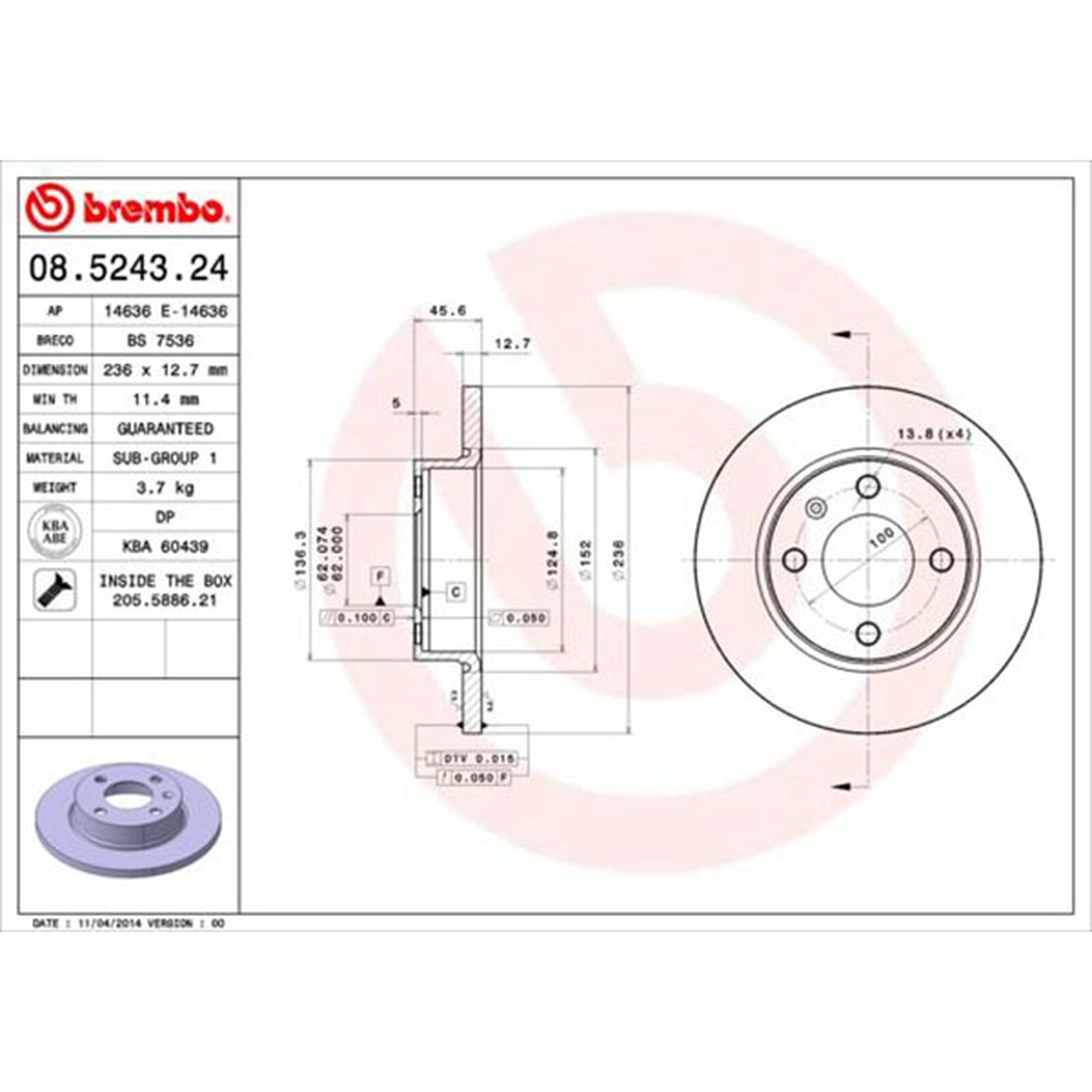 BREMBO solid Brake Disc Pair - Front Axle - 08.5243.24 - OE Equivalent