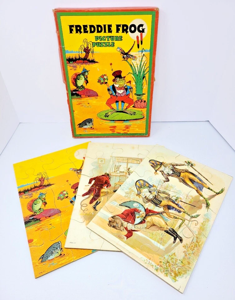 Antiguo (Juego de 3) Milton Bradley FREDDIE FROG PICTURE PUZZLE #4744 circa 1910 Foto 2 de 4