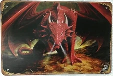 TIN SIGN 8x12 Red evil fire breathing dragon fantasy flying wings man cave A62
