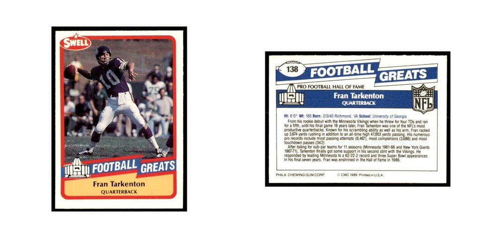 1989 CMC Swell Fran Tarkenton Football Cards #138 - Image 3 of 3