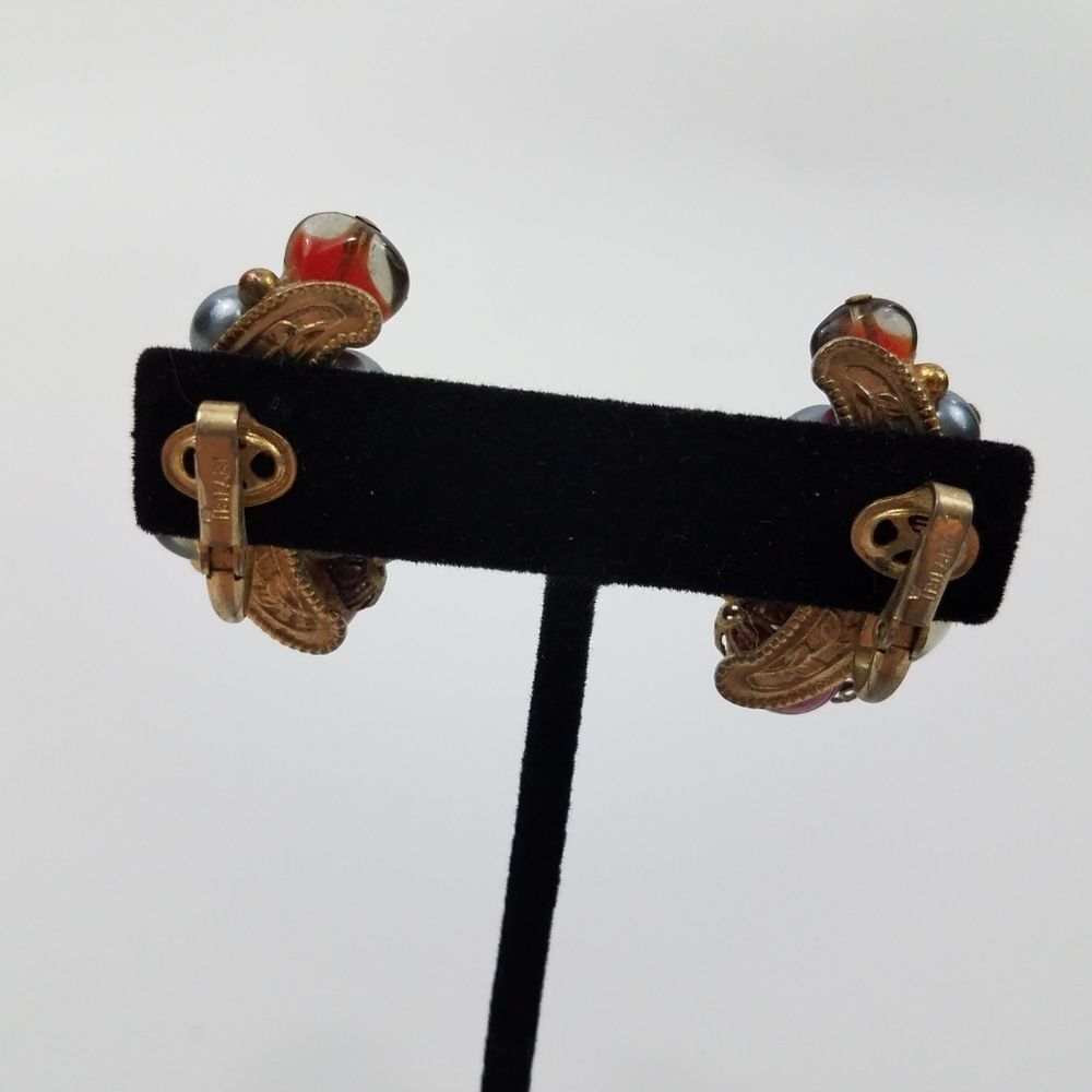 Trifari Clip on Earrings Cluster Beaded Pink Blue… - image 4