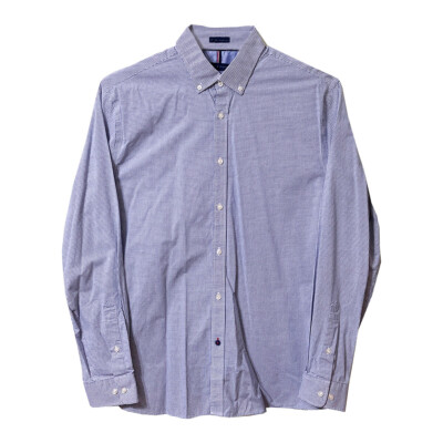 Tommy Hilfiger Navy Blue Check Dress Shirt 34/35 Slim Fit Non-Iron  Cotton