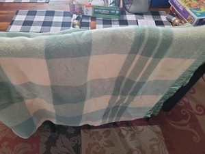 Vintage Wool Satin Trim Green Plaid Blanket 1970, 85x70. No Holes.
