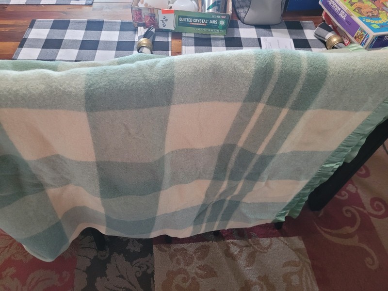 Vintage Wool Satin Trim Green Plaid Blanket 1970, 85x70. No Holes.