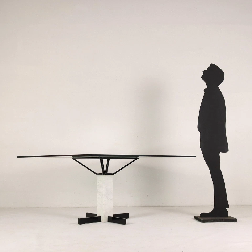 Table Vintage Rectangulaire Italie Années 80 Plateau en Verre Marbre Métal - Photo 2/4