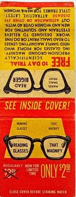 Home Optical Co Reading Glasses Vintage Matchbook Cover Eyeglasses Advertising N
