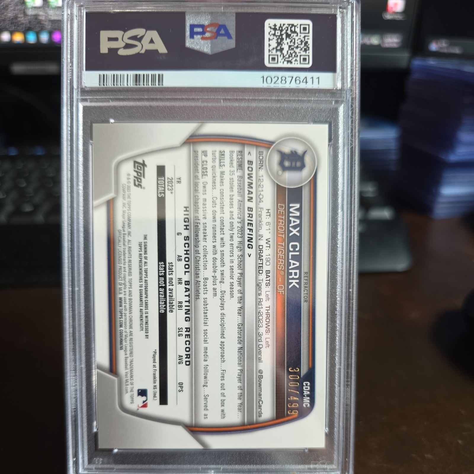 2023 Bowman Draft - Chrome Prospect Autographs Max Clark Refractor /499 PSA 9 view 4