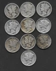 10 MERCURY 90% SILVER DIMES ALL "S"MINT MARKS ALL 1930'S