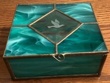 Vintage Mirrored Leaded Blue/Green Dove Etched Top Glass Jewelry Trinket Box