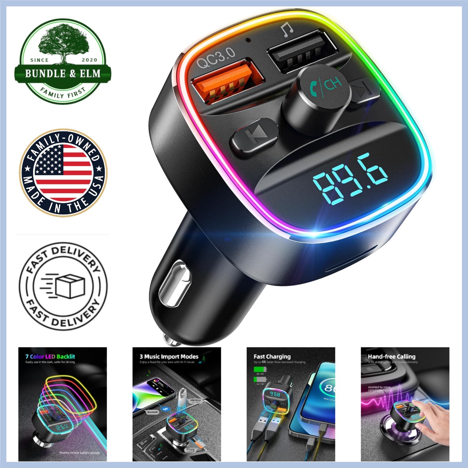 Luxury Bluetooth FM Transmitter with Hands-Free Calling & Quick Charge Tech