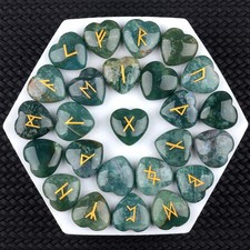25pcs India Agate Stone Rune Heart Set Elder Futhark Reiki Healing Gemstone