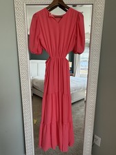 Pink Layered Maxi Dress Puff Short Sleeve V-Neck Pullover Long Casual Women
