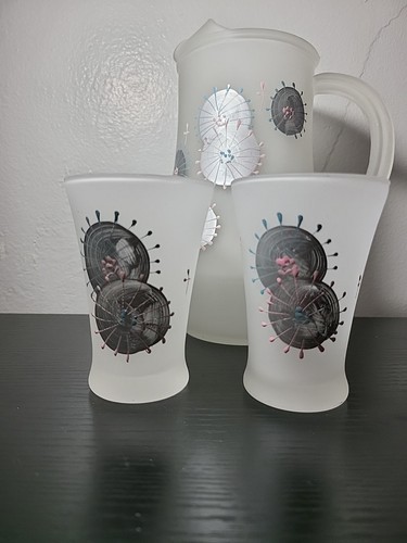 MCM Retro Satinierter Glaskrug & 2 Gläser mit Atomzeitalter Silber Design (UR) - Bild 5 von 8