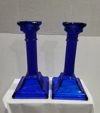VINTAGE COBALT BLUE Corinthian Column PILLAR CANDLESTICK Pair  Holders 7"