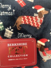 New Berkshire Pet Throw Sherpa Cute Dachshund Merry Christmas Navy Soft 50 x 60"