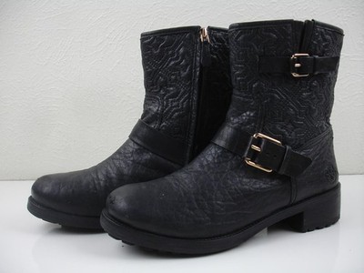 Women's 9.5 M Tory Burch Chrystie Black Pebbled Leather Motorcycle Biker Boots