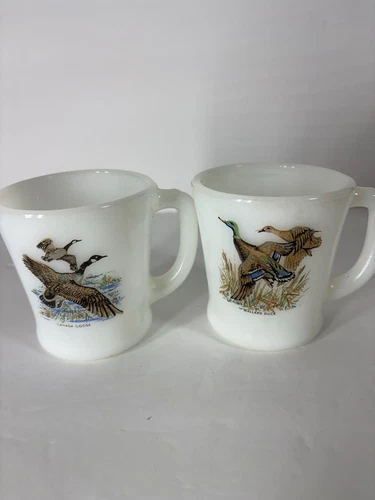 2 Vintage Fire-King White Glass Coffee Cup/Mugs Mallard Duck & Canada Goose 8 Oz