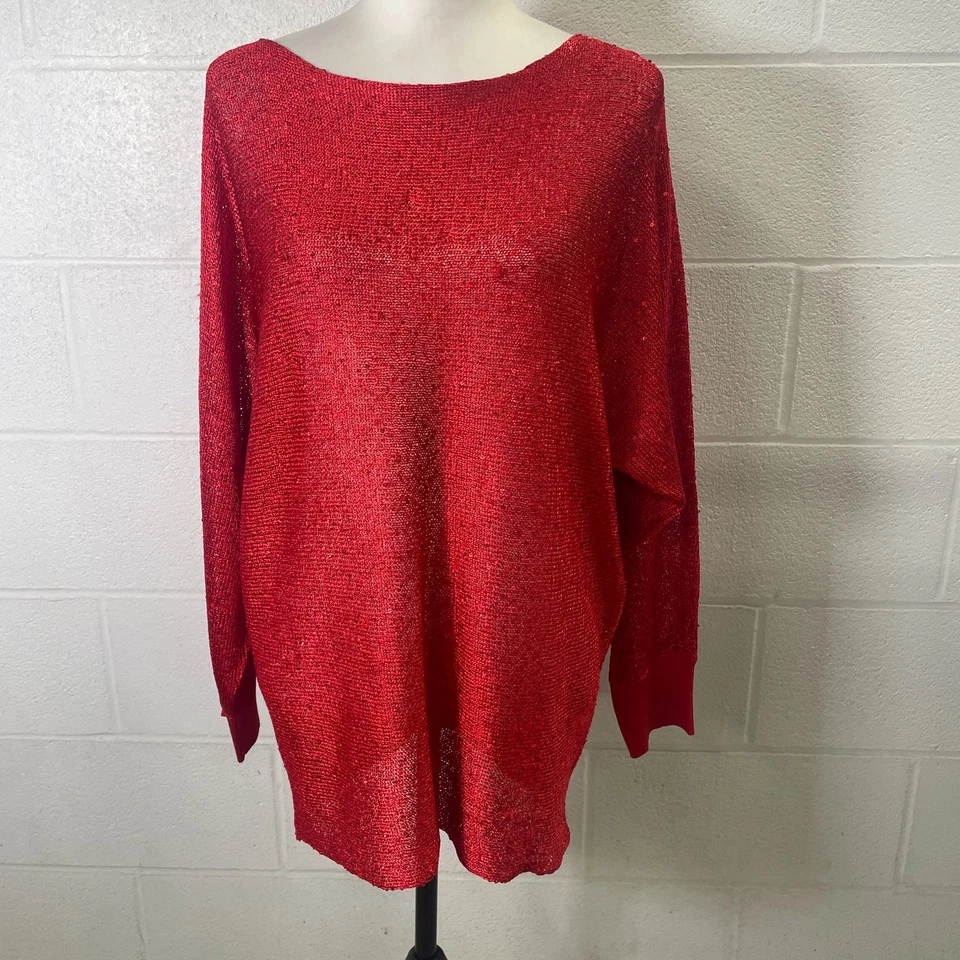 Suéter Alfani Mujer Grande Rojo Lentejuelas Brillo Manga Larga Calce Ajustado Pullover Foto 2 de 4