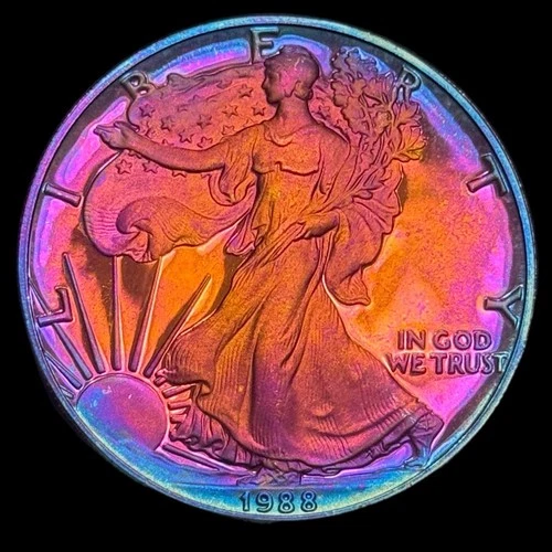 American Silver Eagle Proof 1988 999 Silver Monster Rainbow Toning Uncirculated