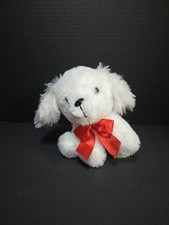 Dandee Collector's Choice White puppy dog Plush red bow sitting