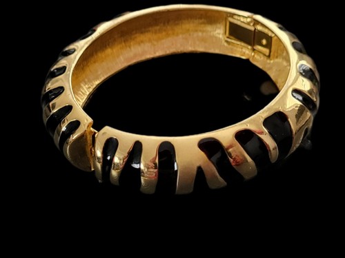 Joan Rivers Vintage Gold Tone Black Enamel, Animal Print Hinged Bangle Bracelet - Picture 1 of 6