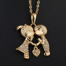 1.35Ct Simulated Round Cut Heart Kissing Pendant 14K Yellow Gold Plated 18'Chain