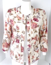 Vintage Notations Lace Trim Floral Cream Open Front Blazer Jacket Womens Large