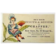 Chaffee Boots & Shoes Fine Goods Providence RI Victorian Trade Card Girl on Leaf