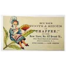 Chaffee Boots & Shoes Fine Goods Providence RI Victorian Trade Card Girl on Leaf