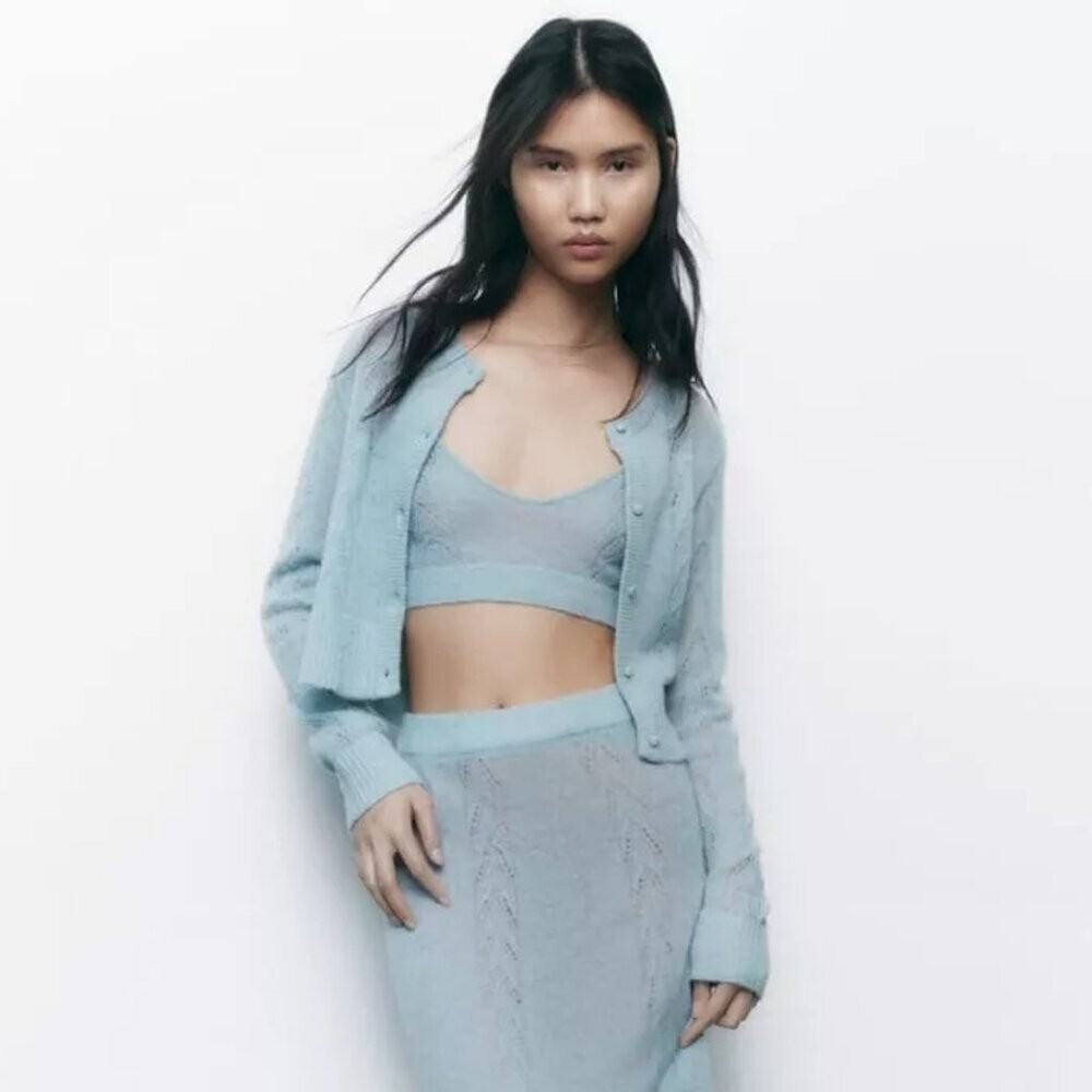 NWT New Zara Blue Pointelle Knit Alpaca Wool Top Size M | eBay