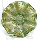 Vintage Imperial Vaseline Carnival Glass Marigold Pansy Peacock Ruffled Bowl 9"