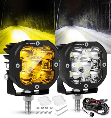 AUXBEAM LED Work Lights 3'' 80W Pod Lights Amber Spot w White Spot Covers+Harness