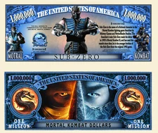 Sub-Zero of Mortal Kombat Million Dollar Bill Play Funny Money Note +FREE SLEEVE