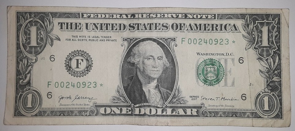 VERY RARE Star Note (F 00240923*) 2017 [250k Run Size] $1 Dollar Bill ...