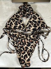 Women  s Small Cheetah Print Brazilian 2 Piece Bikini Bathing Suit Black Beige