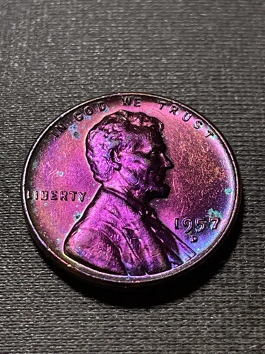 1957-D Lincoln Wheat Cent Multi Color Toning BU Coin #032624-20