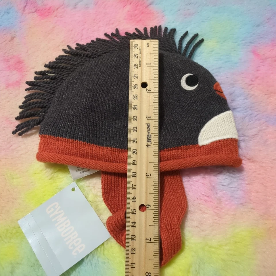 Gorro de invierno Gymboree cara de pingüino niña 0-3 meses tejido gris naranja Foto 3 de 4