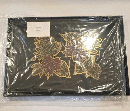 Vintage Couroc Of Monterey Serving Tray Colorful Leaves Black Laquer 18” X 12"