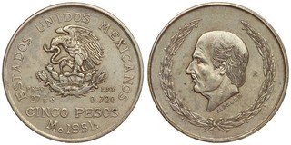Mexico 5 Pesos 1951 Hidalgo Silver