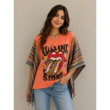 Rolling Stones Upcycled Graphic Boho Top Coral Orange Floral Fringe O/S